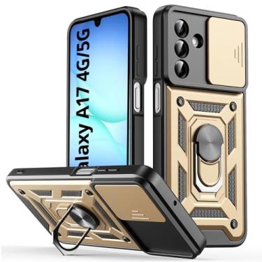 Imagem de Capa para celular Samsung Galaxy A17, com capa deslizante para câmera, suporte de anel de dedo giratório, à prova de choque, capa protetora resistente a arranhões - dourada
