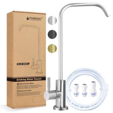 Imagem de Torneira de água potável - Torneira de água filtrada com haste de rosca longa para bancada grossa, torneira RO sem chumbo com mangueira e conexões de pressão (aço inoxidável escovado - formato de