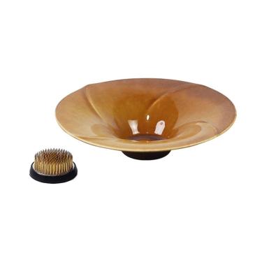 Imagem de Pires de plantas Pires redondo de cerâmica retrô para mesa com bandeja para arranjos florais Kenzan