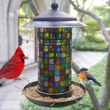 Imagem de elfonsol Alimentador solar de pássaros para pendurar ao ar livre - alimentador de pássaros de vidro mosaico para cardeais e tentilhões, presente de decoração de jardim para amantes da natureza