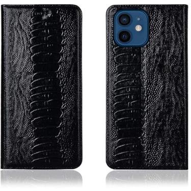 Imagem de KANUZ Capa de telefone clamshell para Apple iPhone 12 (2020) 6,1 polegadas, capa de couro magnético flip à prova de choque com função de suporte e slot para cartão (textura do pé de avestruz) (Cor: Preto)