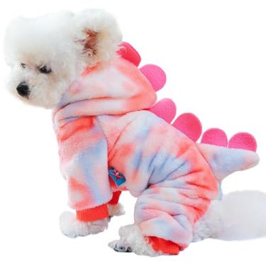 Imagem de Anelekor Fantasia de dinossauro para cães, pijamas de inverno para cães pequenos, moletons quentes para filhotes, casaco azul para clima frio para gatos, roupas quentes para animais de estimação para