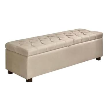 Imagem de Baú Puff Sapateira Cama Casal 1,20 Veludo Pés de Madeira Alça Puxador(Bege)