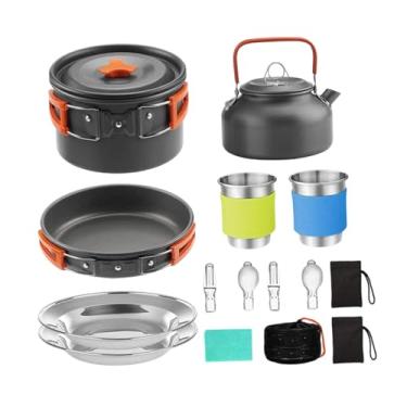 Imagem de oshhni Kit de utensílios de cozinha para camping com copos, pratos, garfos, pano de limpeza, panela, frigideira e chaleira para, trilhas, Laranja