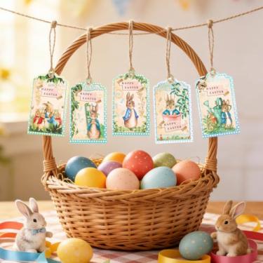 Imagem de Etiquetas de presente de Páscoa, etiquetas de pendurar de renda colorida de coelho retrô com cordão, etiqueta de papel decorativa personalizada para Páscoa, guloseimas de primavera para crianças