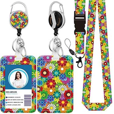 Imagem de Cordão de crachá, suporte retrátil para crachá com mosquetão e clipe de cinto, cordão com fecho lagosta para porta-crachás, presente de escritório para enfermeiras e professores (BLC-flores pequenas