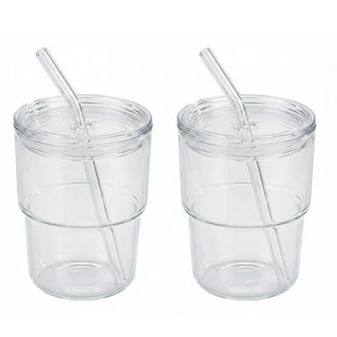 Imagem de Coolcapis Copo de água de 368 g, canecas de café de vidro com canudo e tampa (2 peças transparentes)