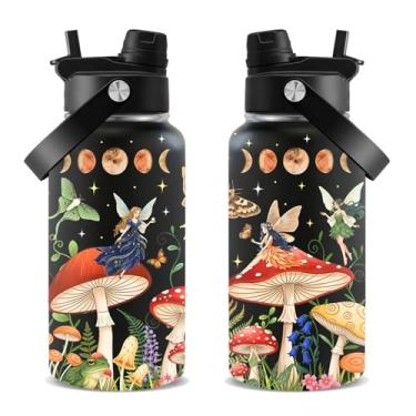 Imagem de Garrafa de água insualada com cogumelos com dois bicos e uma alça para homens e mulheres, à prova de vazamento, livre de BPA, copo isolado de aço inoxidável de 680 g para atividades ao ar livre