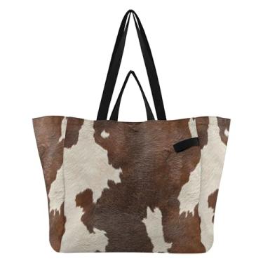 Imagem de SEHANY Sacolas de compras reutilizáveis com estampa de vaca marrom e branca com alças reforçadas, bolsa de compras de lona dobrável à prova d'água de grande capacidade para viagem, cozinha, praia