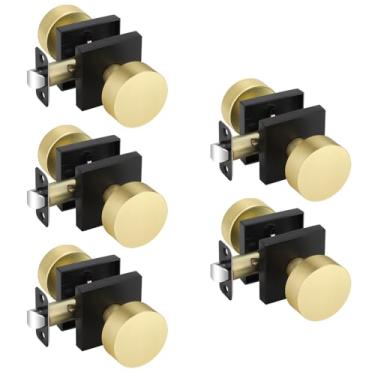 Imagem de EHOMEWARE Pacote com 5 maçanetas pretas e douradas, maçanetas de porta de passagem interior, maçaneta de porta de corredor/armário sem trava, maçaneta moderna preta, reversível para portas canhotas e