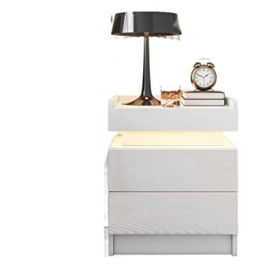Imagem de Mesa de cabeceira branca com gavetas de alto brilho, moderna mesa de cabeceira de LED fosca com borda