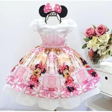 Imagem de Vestido Infantil Minnie Rosa Luxo Festa Tema E Tiara - Pingo De Gente 