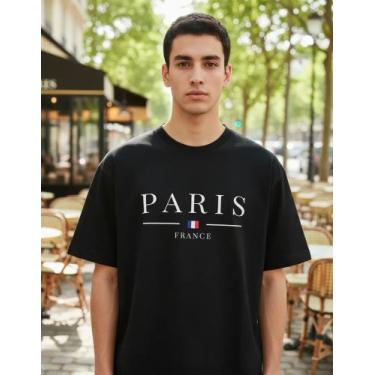 Imagem de Camiseta Masculina Oversized Paris Malha Algodão Preta Plus Size G10 -
