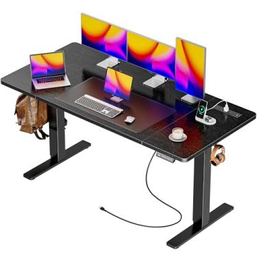 Imagem de Huuger Mesa elétrica grande de 55 x 28 com 4 tomadas CA, porta tipo C, mesa de computador com altura ajustável, mesa de 70 cm de profundidade, mesa de escritório para jogos de pé, 3 alturas