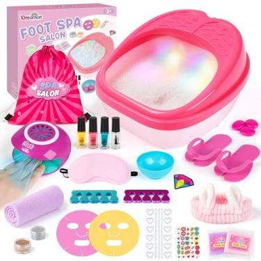 Imagem de Dreamon Conjunto infantil de spa e unhas para pés - 25 peças kit infantil de dia de spa com luz arco-íris de tamanho médio para massagem de pés - manicure pedicure arte salão de beleza menina coisas