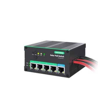 Imagem de LINOVISION Interruptor solar PoE industrial MPPT de 4 portas para câmeras de segurança e dispositivos IoT, suporta monitoramento remoto de bateria, orçamento total PoE de 120 W