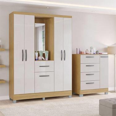 Imagem de Kit Guarda Roupa Atlas 5 Portas E Cômoda Poquema Damasco/off White