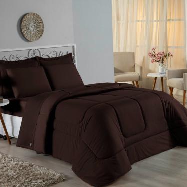 Imagem de Kit Edredom Dupla Face + Jogo De Lençol Solteiro Nobre 5 Peças Malha 100% Algodão - Marrom