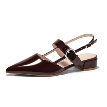 Imagem de Coutgo Sapato feminino Mary Jane de salto baixo grosso, bico fino, fechado, bico fino, fivela no tornozelo, Couro envernizado café, 37