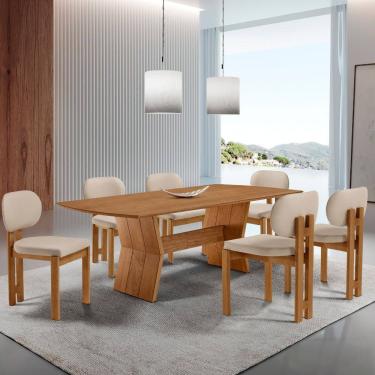 Imagem de Sala de Jantar Mesa Portugal 180cm Tampo Laminado Barril e 6 Cadeiras Nala Moderna Mobilia
