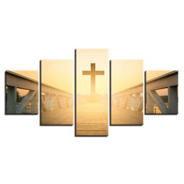 Imagem de Quadros Decorativos Mosaico 5 Peças Cruz Na Ponte Por Do Sol