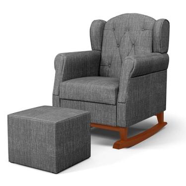 Imagem de Poltrona Amamentação Base Madeira Balanço E Puff Letícia Linho Cinza Escuro - Phoenix