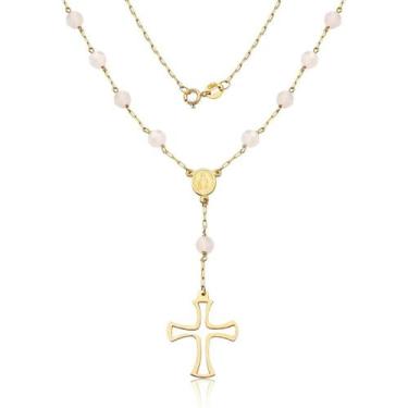Imagem de Colar Terço Ouro 18k 750 Com Quartzos Rosa De 4mm - 45cm - Dreamfactor