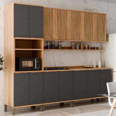 Imagem de Armário de Cozinha Modulada com Balcão e Tampo 13 Portas 3 Gavetas Nice Fresado com Prateleira 100% Mdf Amêndoa/Cinza - Pnr Móveis