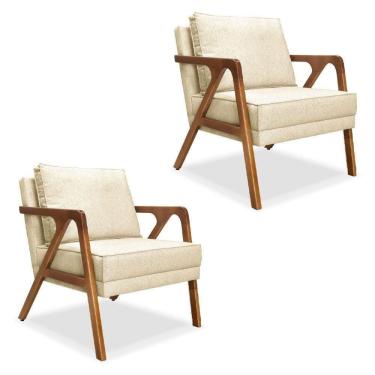 Imagem de Kit 2 Poltronas Luiza Bege Base Em Madeira Castanho