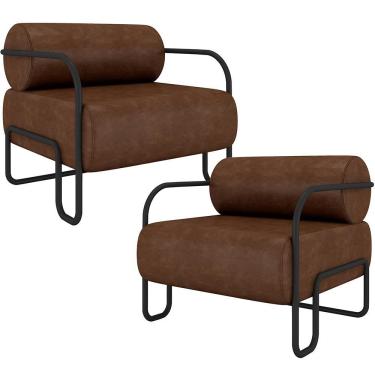 Imagem de Kit 2 Poltronas Decorativas Moscou K01 Corino Encosto em Fibra Siliconada Marrom Lyam Decor