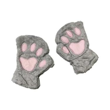 Imagem de Luvas De Inverno Sem Dedos De Pelúcia Fofas Com Pata De Gato E Urso Pa