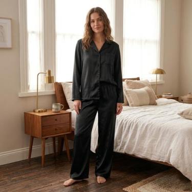 Imagem de Pijama Feminino Inverno Silk Cetim Luxo 100% Poliester Organiky Moda C