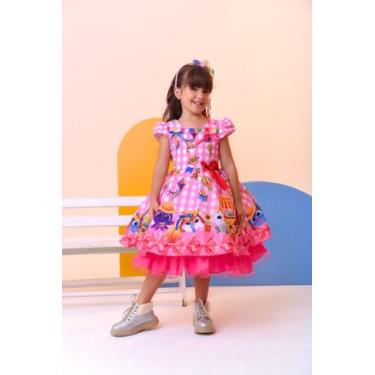 Imagem de Vestido Infantil Junino Luxo Rosa Xadrez Bolofofos, 1