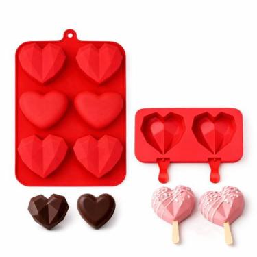 Imagem de Kit 2 Formas Silicone Coração Lapidado Bombom Picolé Sorvete Chocolate