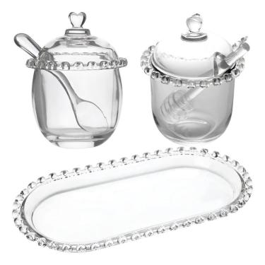Imagem de Kit Meleira Açucareiro e Bandeja de Cristal Coração para Mesa Transparente Lyor