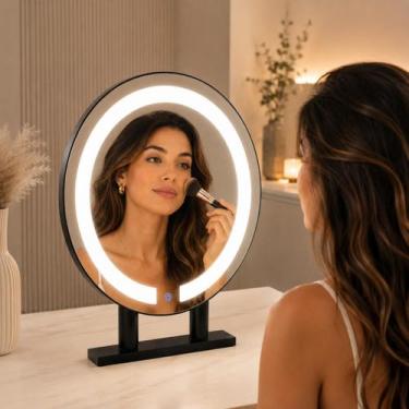 Imagem de Espelho Redondo Simples C/ Iluminação E Suporte Bancada 40cm - ORNATO