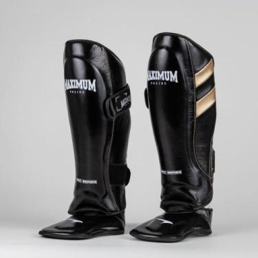 Imagem de Caneleira Profissional Pro Preto e Dourado Muay Thai e Kickboxing Maxi