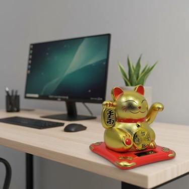 Imagem de Amuleto de Decoração Maneki Neko Acena com a Pata Esquerda Luz Solar Dourado Dantas 11CM