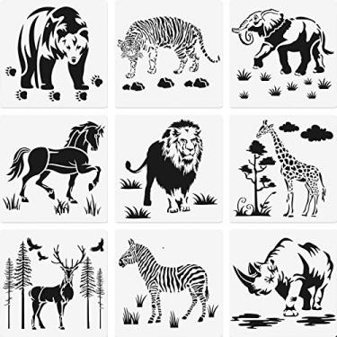 Imagem de 9 modelos de estêncil de animais, 20 cm, reutilizável, pintura de animal, urso tigre, elefante, cavalo, leão, girafa, zebra, rinoceronte, cervo, artesanato para cartão de felicitações, scrapbook, arte de parede