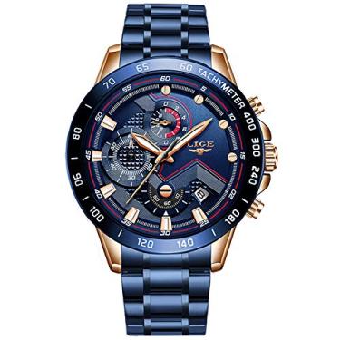 Imagem de Relógios masculinos de luxo LIGE cronógrafo masculino esportivo à prova d'água, aço completo, quartzo, relógio masculino,