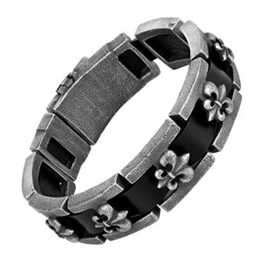 Imagem de URBAN JEWELRY - Pulseira masculina moderna - Correntes interligadas com emblema de Fleur De Lis - Feita de couro legítimo e aço inoxidável - Preto e cinza metálico
