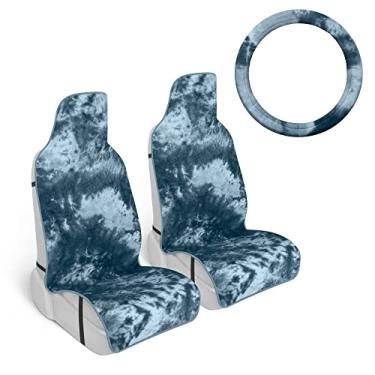 Imagem de Carbella Capas de assento de carro Tie-Dye, capas de assento azuis para carros com capa de volante correspondente, capas internas automotivas fofas para caminhões Van SUV