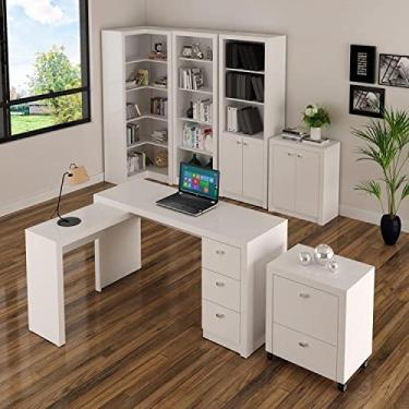 Imagem de Conjunto Escritório 6 Peças 1 Mesa em L, 1 Balcão, 1 Gaveteiro, 1 Armário e 2 Estantes Tecno Mobili Branco