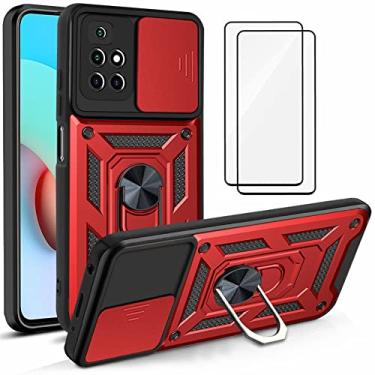 Imagem de Capa Xiaomi Redmi 10 Case (2 pedaços de filme temperado Protetora) de Câmera Proteção de Tela Metal KickStand (Vermelho)