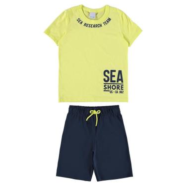 Imagem de Conjunto Curto Malwee Kids Camiseta Bermuda Moletinho Azul Jeffreys Bay Verde Sea Shore Tam 4 ao 16-Masculino