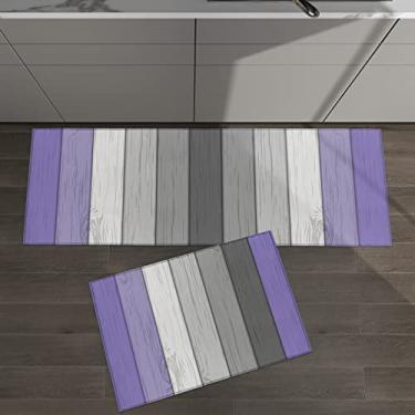 Imagem de Conjunto de 2 tapetes de cozinha de madeira ombré roxo cinza gradiente arte lavanda para tapetes acolchoados no chão tapetes e tapetes antiderrapante absorvente corredor confortável tapete de pé