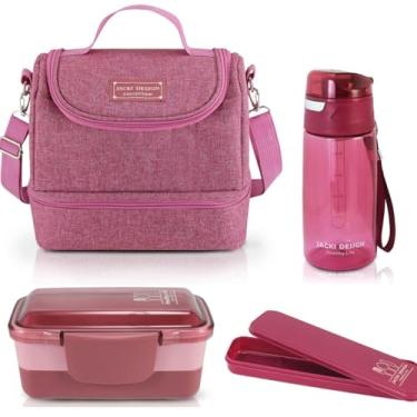 Imagem de Kit 4 peças Bolsa Termica Pote Marmita Garrafa de agua Porta talher Trabalho Lancheira Rosa