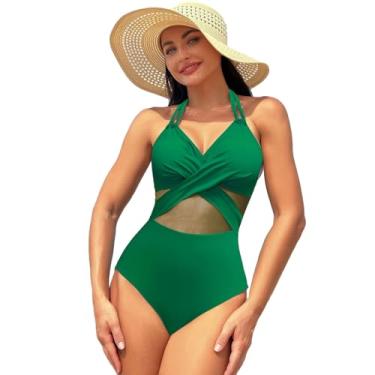 Imagem de Maiô feminino, frente única, gola V, roupa de banho atlética, controle de barriga, maiô de malha recortado, Verde, M