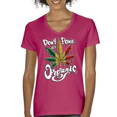 Imagem de Camiseta feminina Don't Panic It's Organic gola V 420 Weed Pot Leaf Smoking Marijuana Legalize Cannabis Stoner Pothead Tee, Rosa choque, M