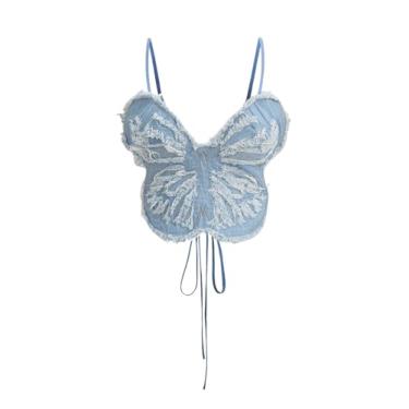 Imagem de BEAUDRM Blusa feminina com estampa de borboleta, costas nuas, acabamento cru, gola redonda, Azul, Tamanho Único